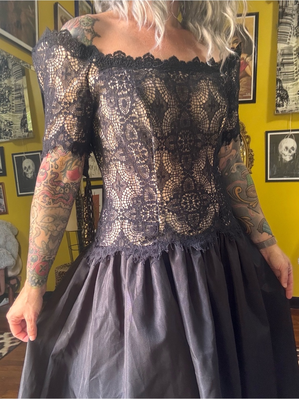 Vintage Black Lace Off Shoulder MIDI Dress Small Medium